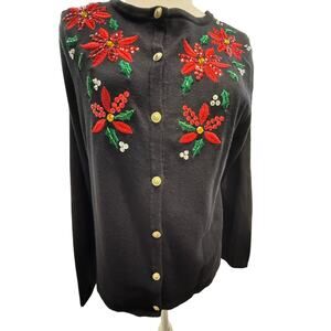 Classic Elements Sweater Medium holiday Christmas holly embroidered sequins bead